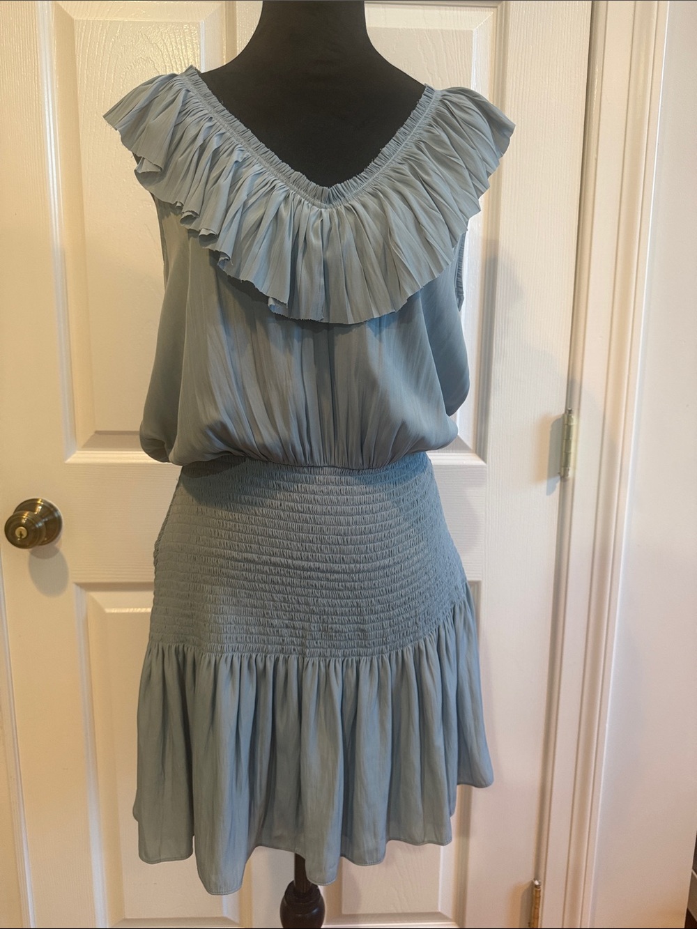 Ramy Brook Dusty Blue Ruffled V-Neck Smocked Waist Mini Dress